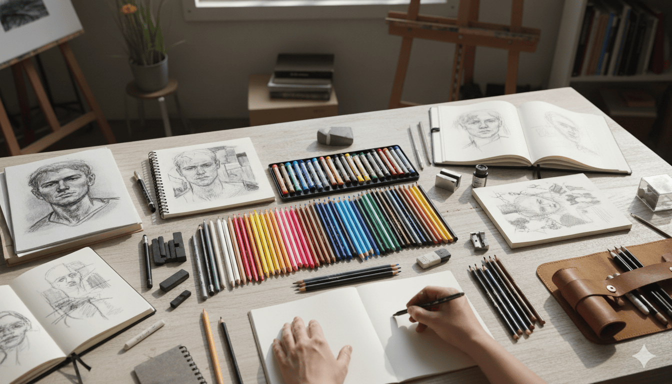 Drawing supplies and pencils